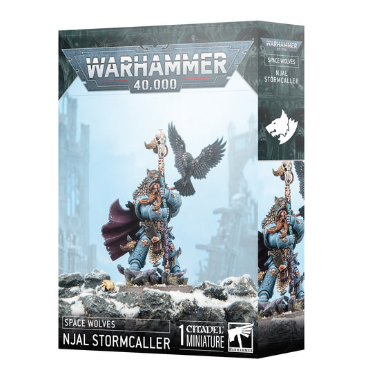 Warhammer 40K Space Wolves Njal Stormcaller Citadel Miniature box featuring detailed model in blue armor with staff and raven, snowy battlefield and ruins — Warhammer 40,000 psyker character figure.