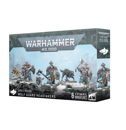 Warhammer 40K Space Wolves Wolf Guard Headtakers box set with six detailed Citadel miniatures, including armored warriors and wolves on a snowy battlefield — elite Warhammer 40,000 figures.