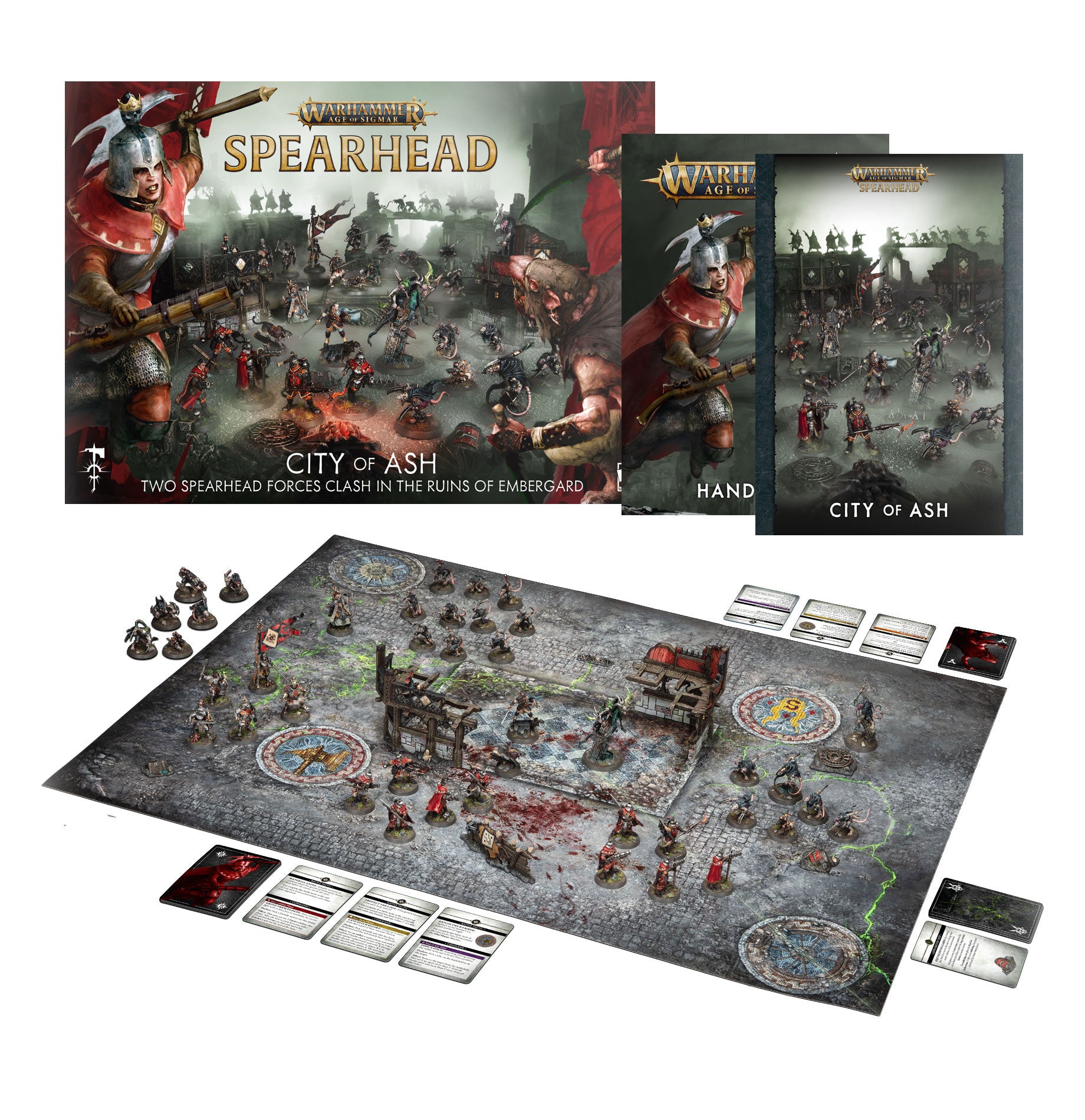 Warhammer figurine game set with board, miniatures, and game components on a white background
