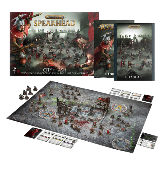 Warhammer figurine game set with board, miniatures, and game components on a white background