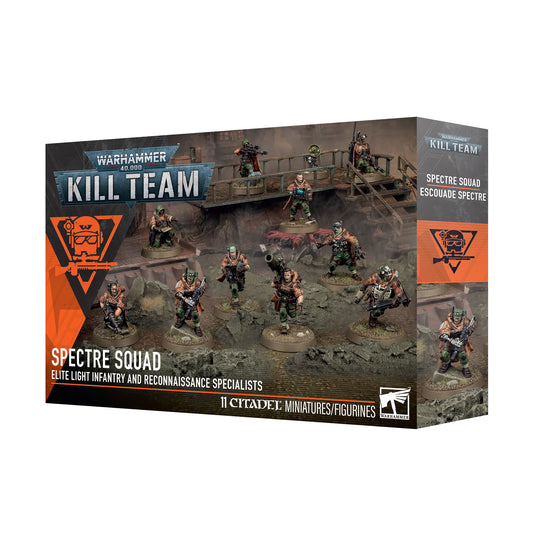 Warhammer 40k Kill Team 'Spectre Squad' 11 Citadel Miniatures figurines box, showing the product packaging with painted miniatures and orange accent panels on a white background.