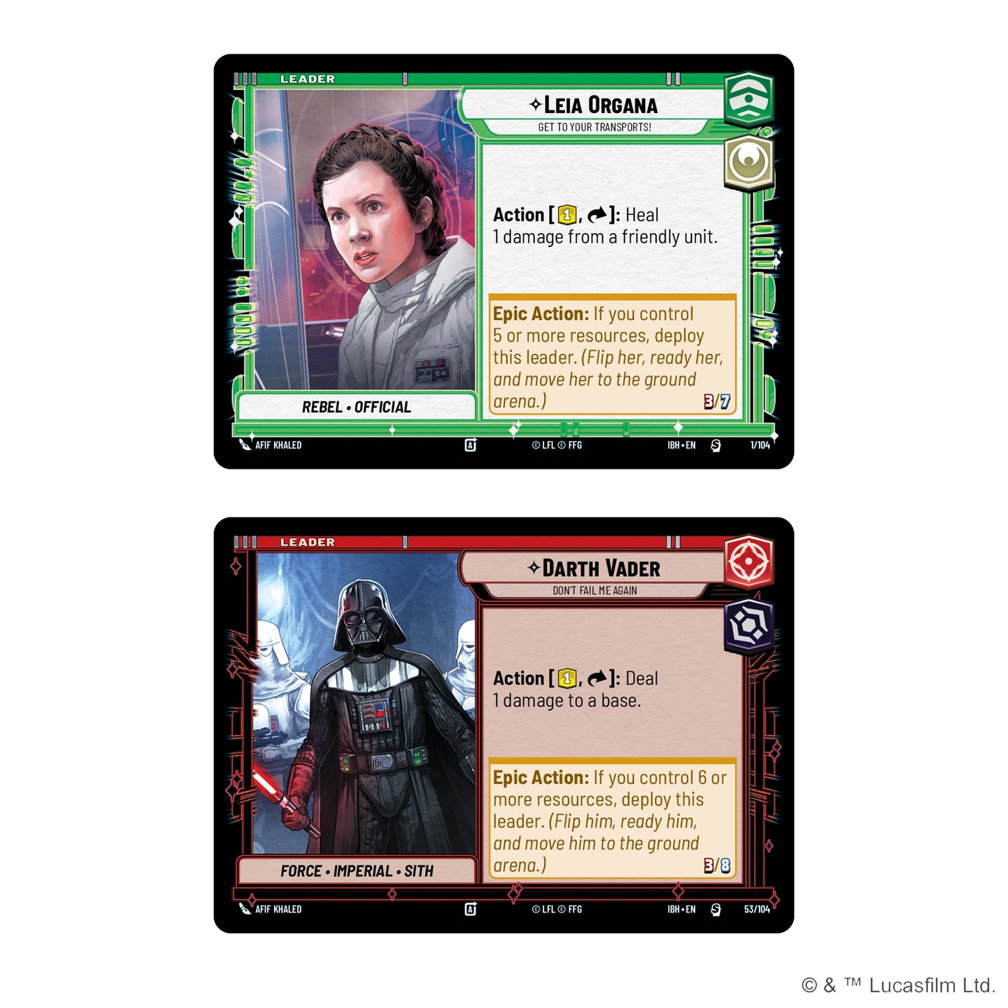 Two Star Wars trading cards featuring Leia Organa and Darth Vader on a white background.