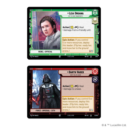Two Star Wars trading cards featuring Leia Organa and Darth Vader on a white background.
