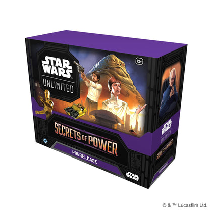 Star Wars Unlimited 'Secrets of Power' prerelease box with characters on a white background