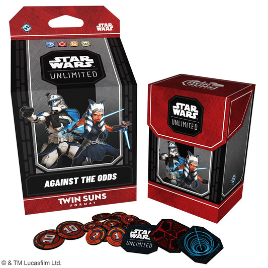 Twin Suns "Against the Odds" deck packaging featuring Ahsoka Tano and a Clone Trooper along with the included tokens