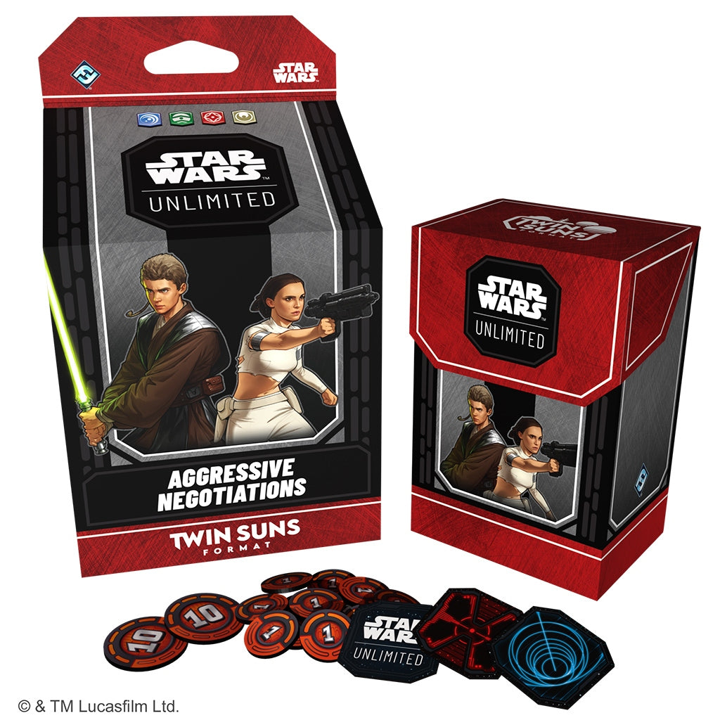 Twin Suns "Aggressive Negotiations" deck packaging featuring Anakin Skywalker and Padme Amidala along with the included tokens