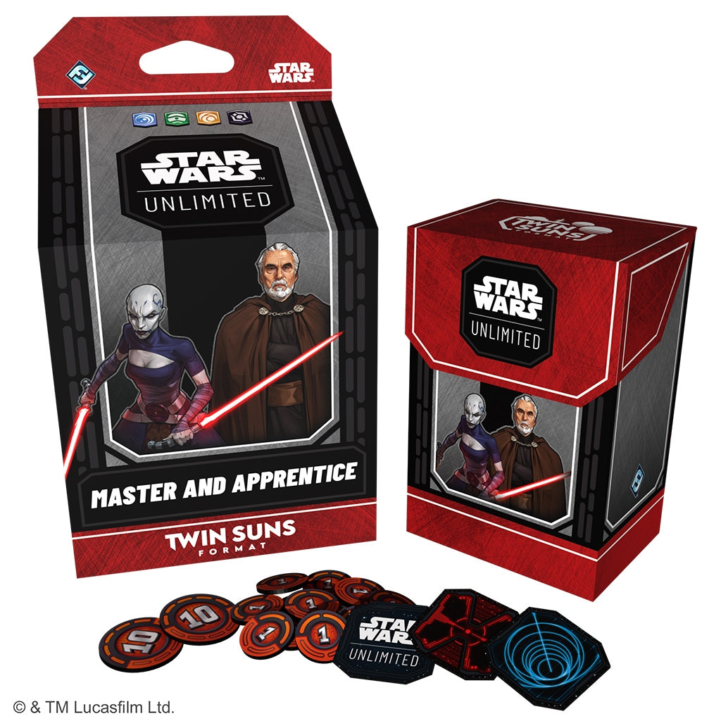 Twin Suns "Master and Apprentice" deck packaging featuring Count Dooku and Asajj Ventress along with the included tokens