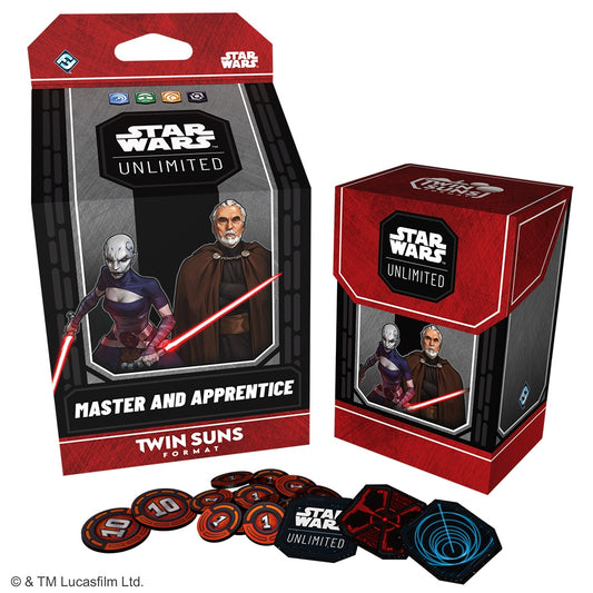 Twin Suns "Master and Apprentice" deck packaging featuring Count Dooku and Asajj Ventress along with the included tokens
