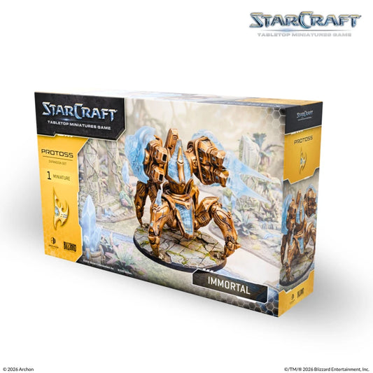 StarCraft tabletop miniatures game box for the Immortal Protoss horse figure, shown at a three-quarter angle on a white background with the StarCraft logo in the top right.
