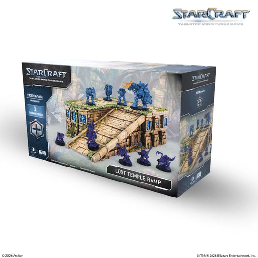 StarCraft tabletop miniature box for the Terran 'Lost Temple Ramp' terrain piece, shown at a three-quarter angle on a white background with the StarCraft logo in the top right.
