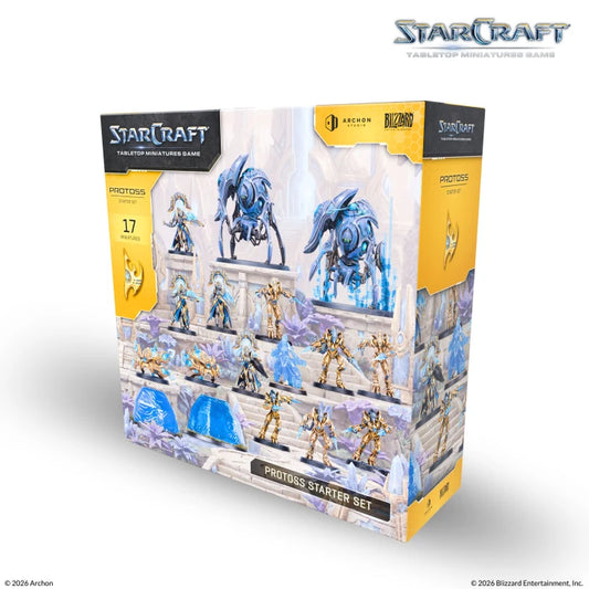 StarCraft tabletop miniature game 'Probiis Starter Set' box by Asdon and Blizzard Entertainment, showing illustrated sci-fi miniatures on a clean white background.