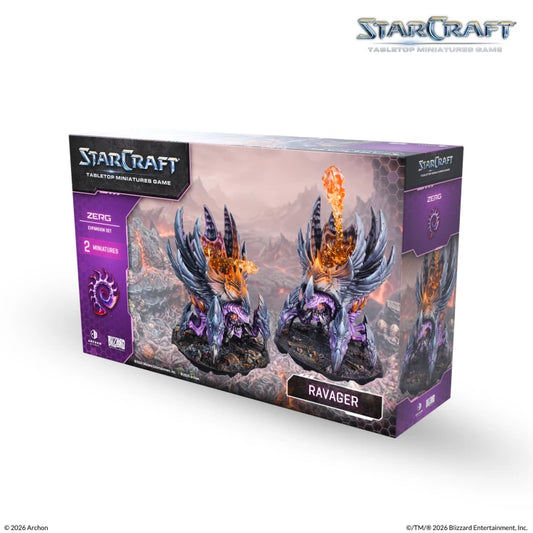 StarCraft tabletop miniature game Ravager box set, featuring two detailed purple and black winged ravager miniatures on a rocky desert terrain. The packaging is purple and black with the StarCraft logo, and the box is photographed on a clean white background.