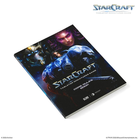 StarCraft Tabletop Miniatures Game Core Rules Book shown at an angle on a white background, with the StarCraft logo visible in the top right and copyright text at the bottom.
