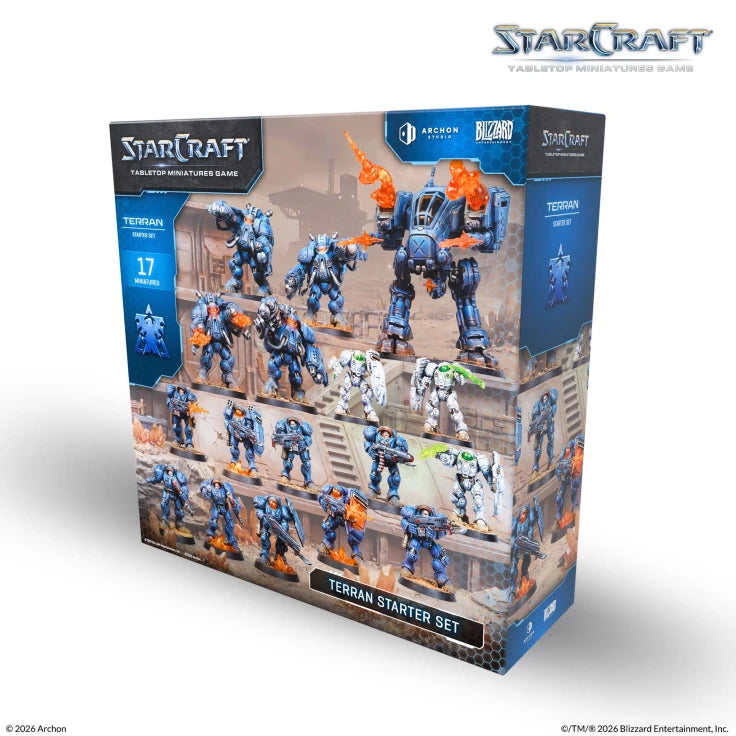 StarCraft tabletop miniatures game Teshian Starter Set box by Archon, showing blue and orange mecha figures on the front and side panels against a clean white background.