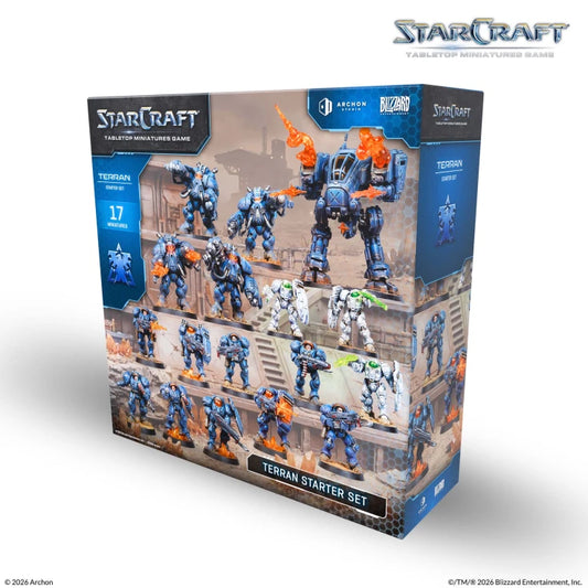 StarCraft tabletop miniatures game Teshian Starter Set box by Archon, showing blue and orange mecha figures on the front and side panels against a clean white background.