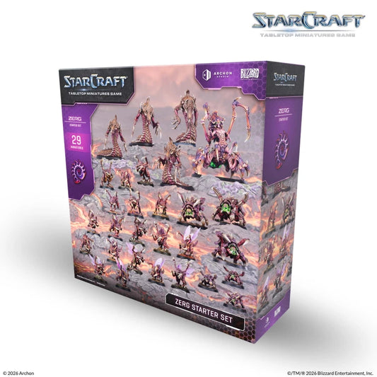 StarCraft tabletop miniature game 'Zero Starter Set' box showing 29 purple-themed miniatures on a light gray background with the StarCraft logo in the top right.