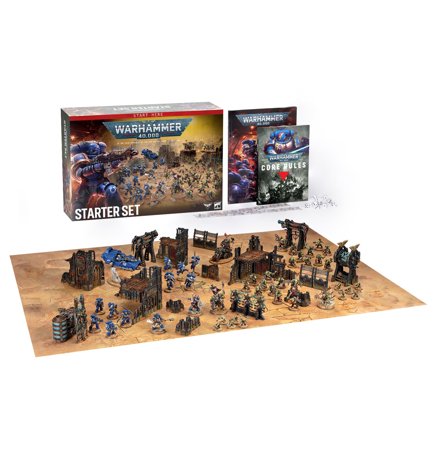 Warhammer 40k Starter Set tabletop gaming kit on a white background, showing the main box, rulebook, terrain pieces, and painted miniatures arranged on a playmat.