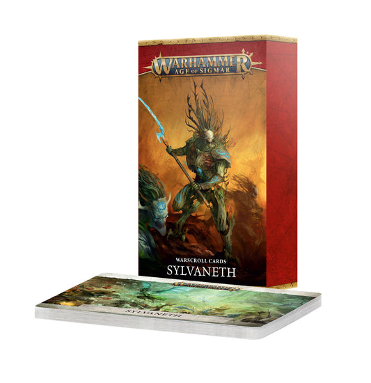Warhammer Age of Sigmar Sylvaneth Warscroll Cards box standing upright, featuring fantasy artwork of a tree‑like warrior with flowing branches and a glowing weapon, with a small stack of illustrated cards displayed in front.