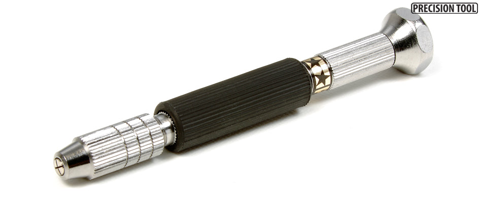 Precision tool with metallic and black design on a white background