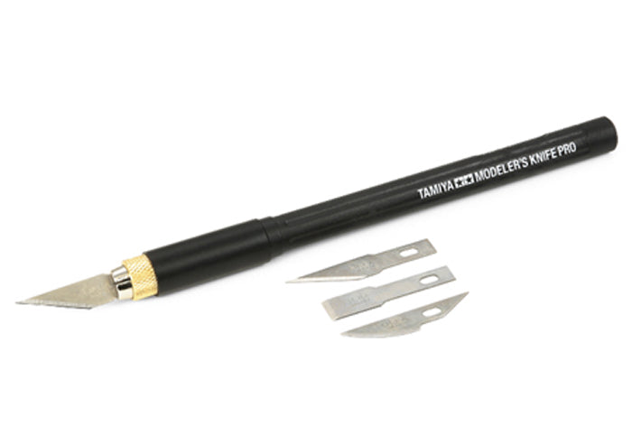 Modeler's knife set with black handle and three blades on a white background