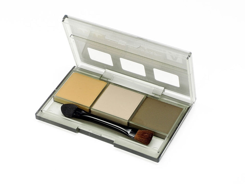 Makeup palette with three shades and a brush on a white background