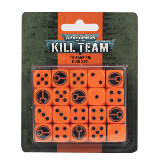 Packaged Warhammer 40k Kill Team T'au Empire dice set with orange dice and black symbols.
