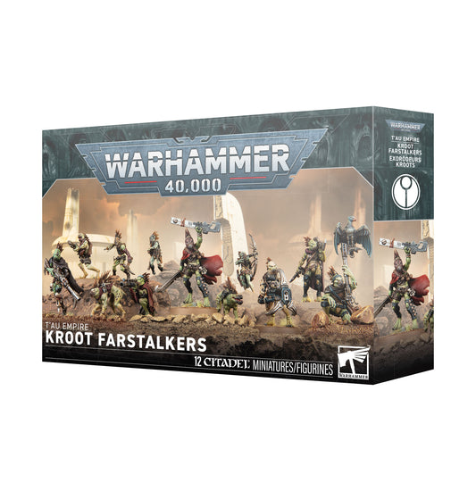 Warhammer 40,000 Kroot Farstalkers miniature figures box set, featuring 12 citizen miniatures on a dark, sci-fi themed retail box.