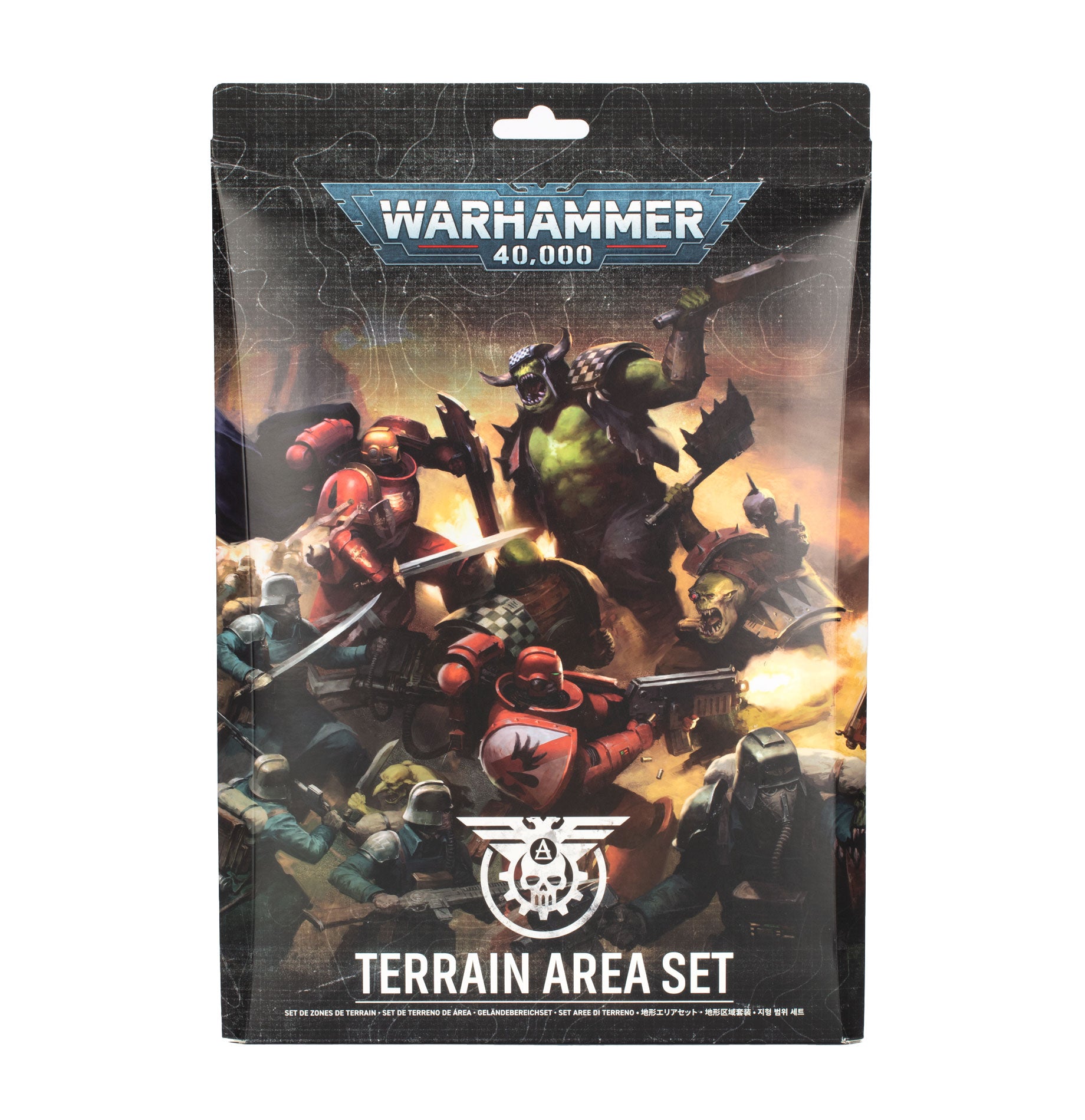 Warhammer 40,000 terrain area set packaging with warrior figures on a white background