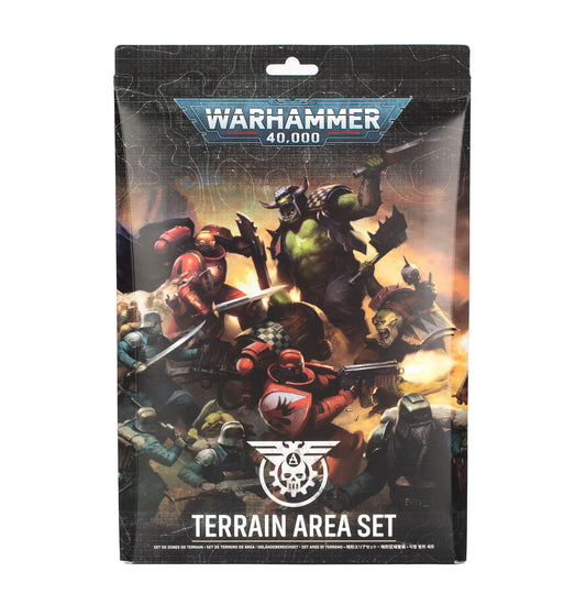 Warhammer 40,000 terrain area set packaging with warrior figures on a white background