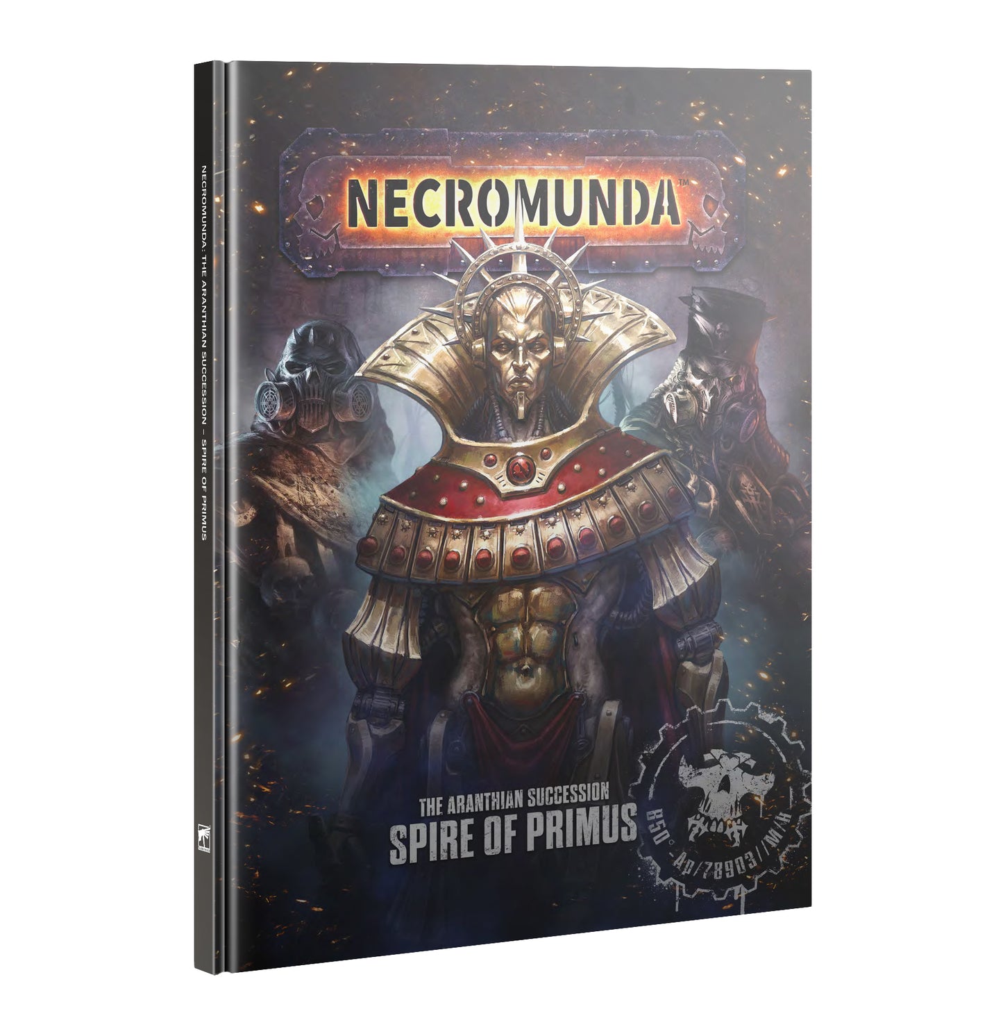 Book titled 'Necromunda: Spire of Primus' with a warrior in armor on the cover.