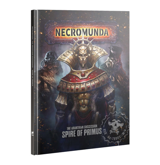 Book titled 'Necromunda: Spire of Primus' with a warrior in armor on the cover.