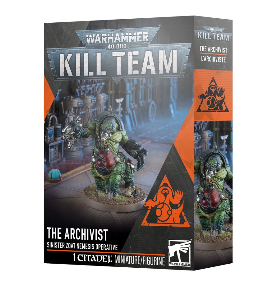 Warhammer 40,000 Kill Team The Archivist figurine packaging on a white background