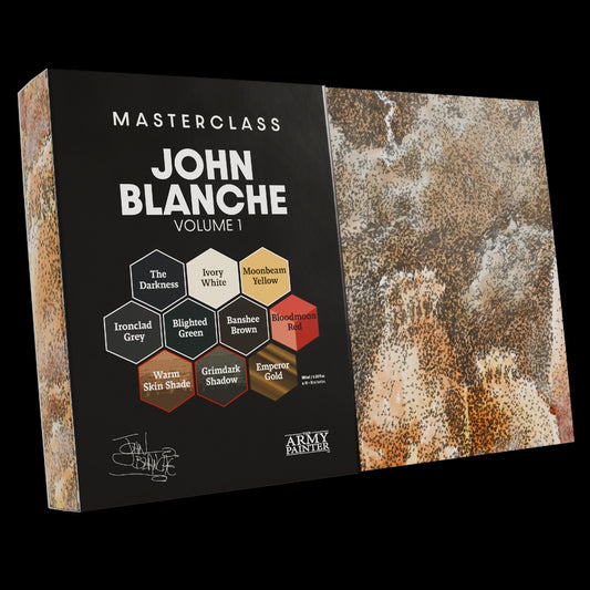 Paint Set titled 'Masterclass John Blanche Volume 1' by The Army Painter with color swatches on a textured background.