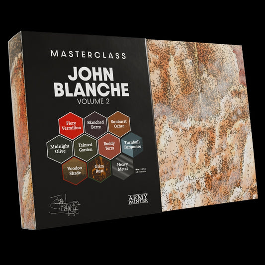 Box for 'Masterclass John Blanche Volume 2' with color swatches on a textured background