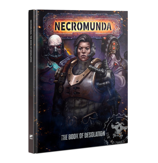 Cover of the Necromunda: The Book of Desolation board game rulebook showcasing a illustrated image of a character and a dystopian landscape.