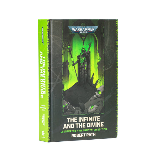 Book titled 'The Infinite and the Divine' by Robert Rath with Warhammer 40,000 logo on a white background