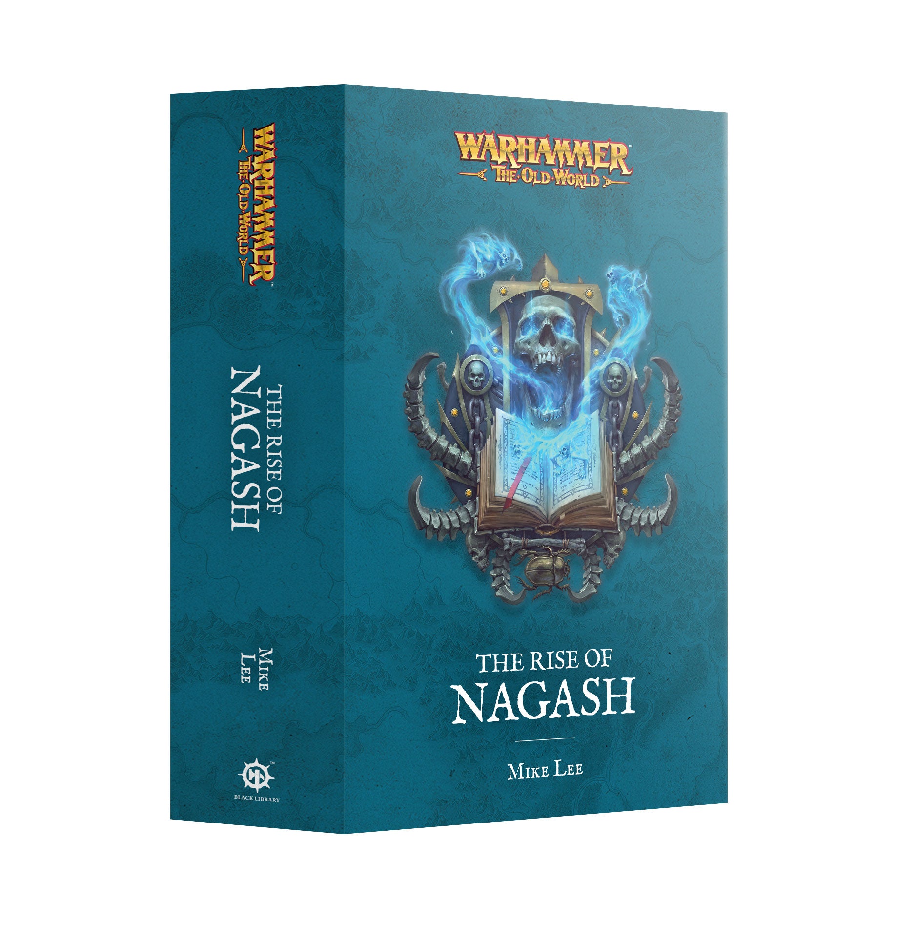 Book titled 'The Rise of Nagash' by Mike Lee with Warhammer The Old World branding on a blue background.
