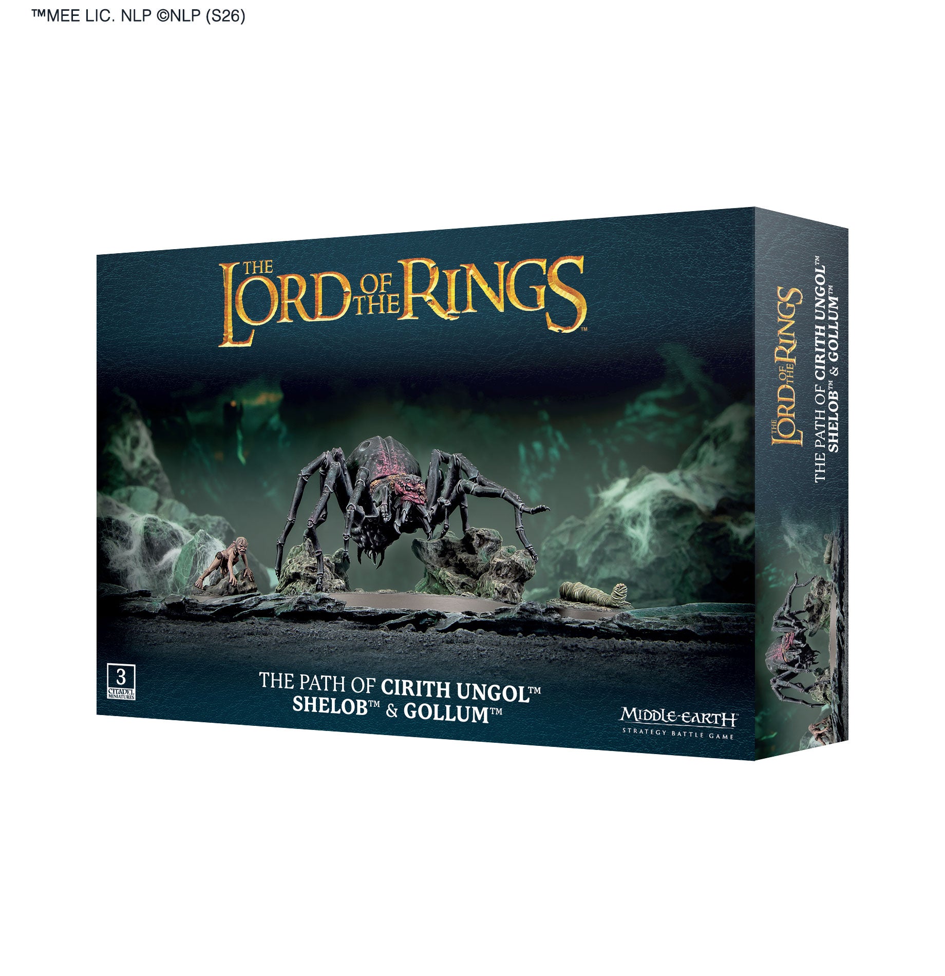 Board game box for 'The Lord of the Rings' featuring Shelob and Gollum on a dark background.