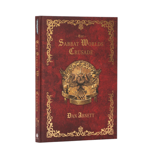 Book titled 'The Sabbat Worlds Crusade' by Dan Abnett with ornate design on a white background