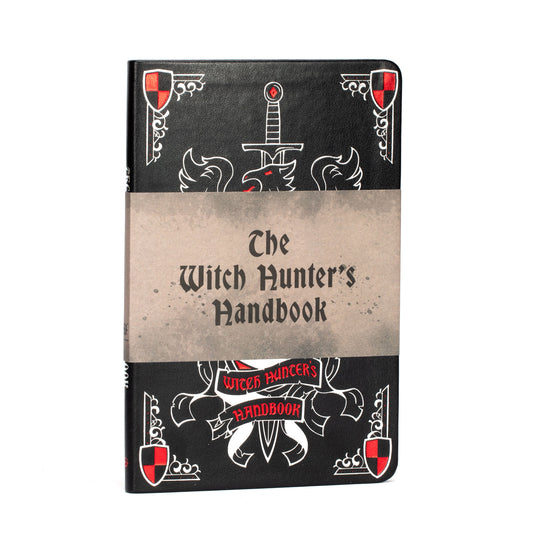 Notebook titled 'The Witch Hunter's Handbook' with decorative elements on a white background