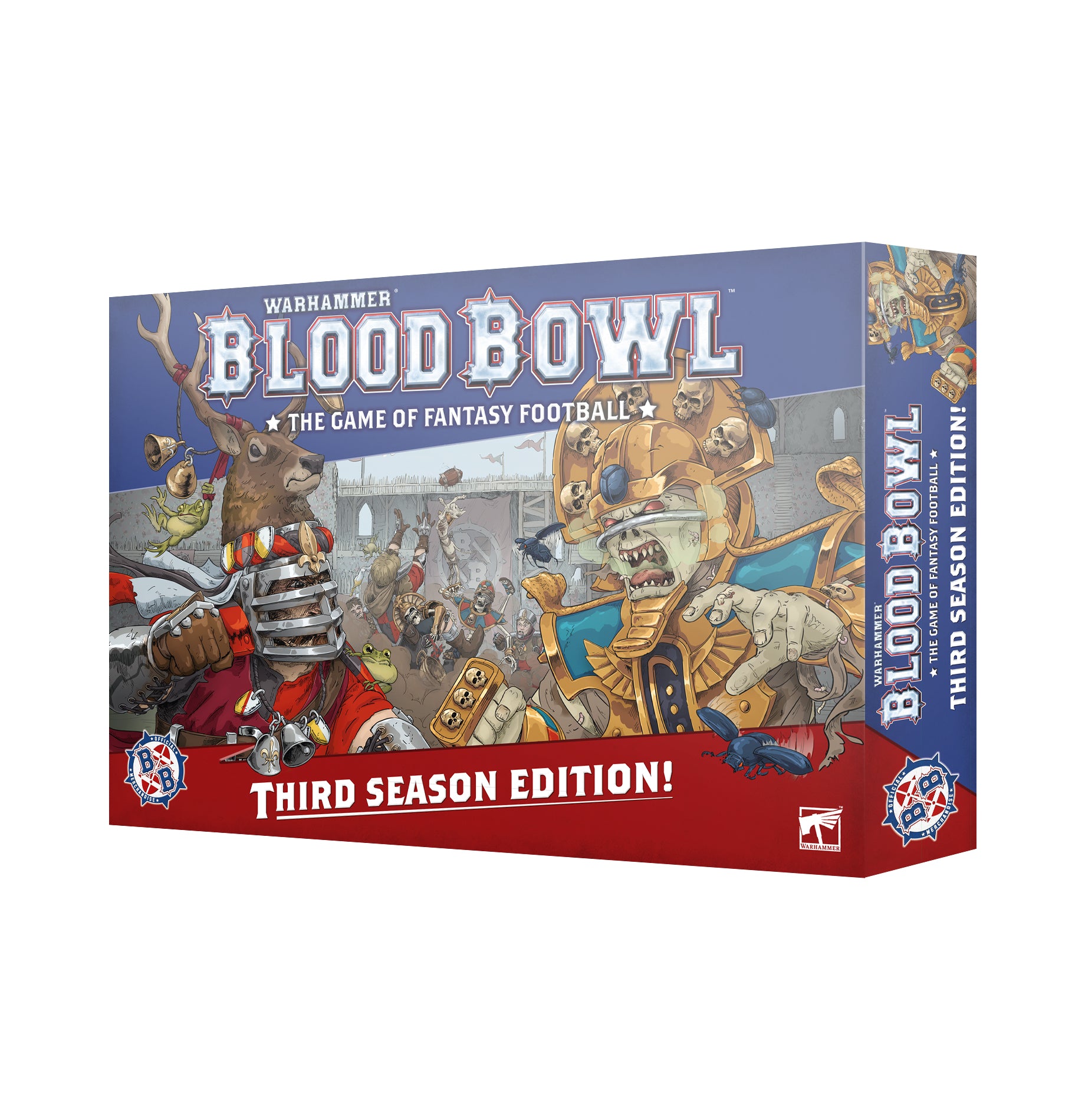 Warhammer Blood Bowl game box with fantasy characters on a white background