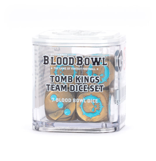 Clear container with 'Blood Bowl' Tomb Kings Team Dice Set on a white background gold and teal dice
