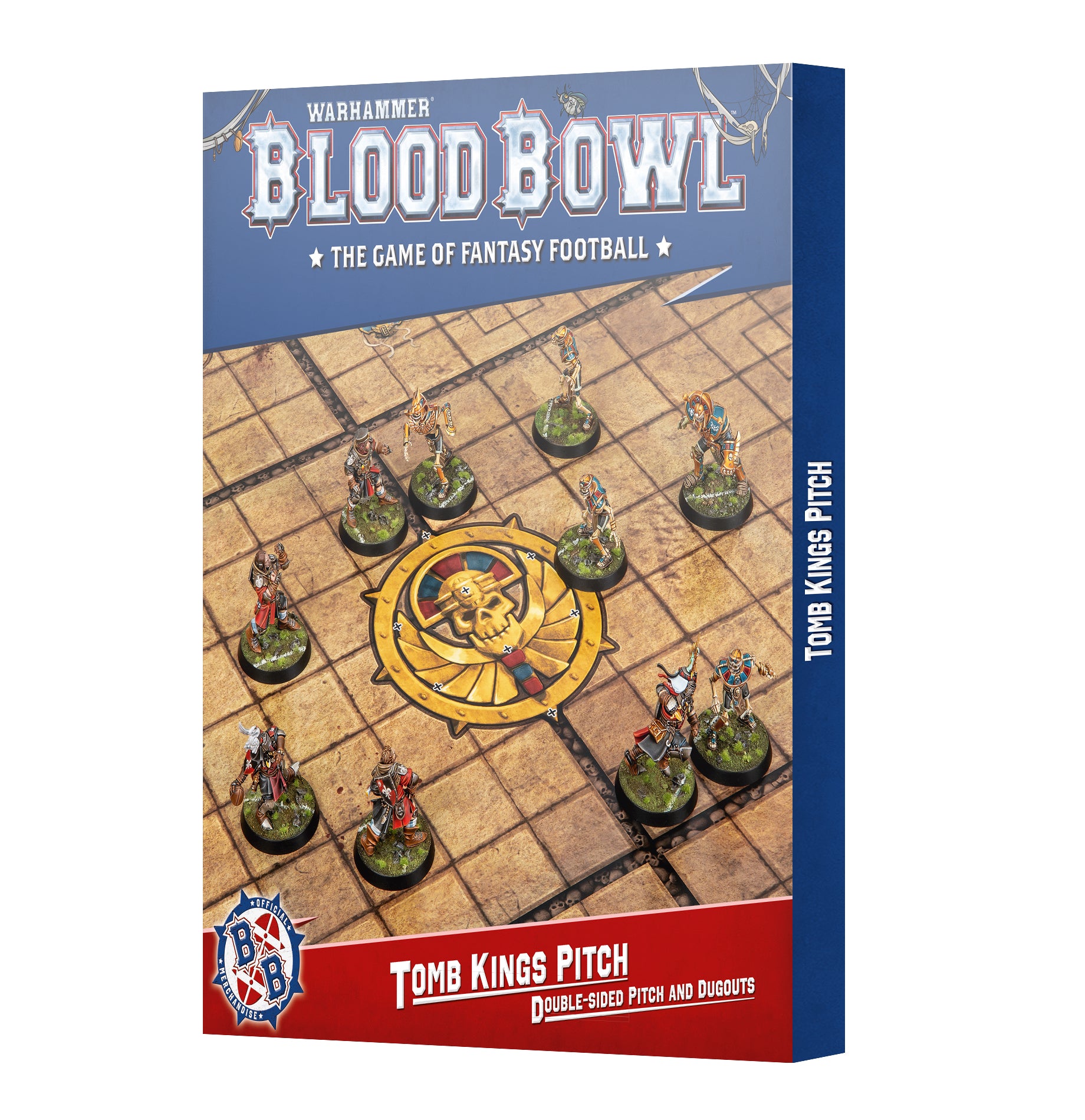 Warhammer Blood Bowl game box with miniatures on a pitch
