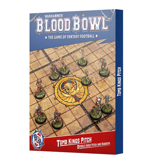 Warhammer Blood Bowl game box with miniatures on a pitch