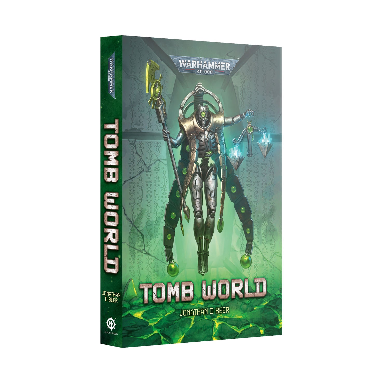 Book cover of 'Tomb World' by Jonathan D. Beer with a warrior figure on a green and gray background.