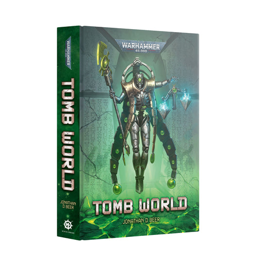 Book titled 'Tomb World' with a robot illustration on a green and gray background