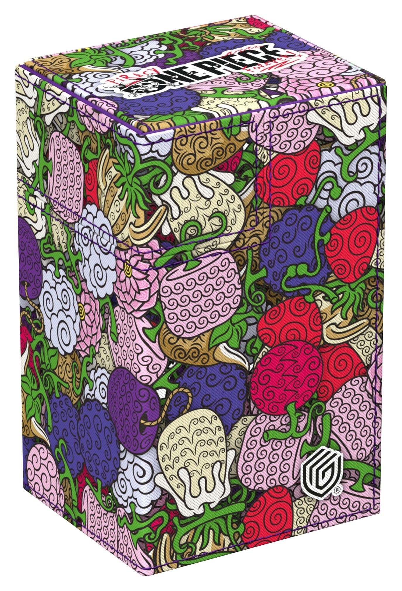 Ultimate Guard deck box featuring a colorful pattern of Devil Fruits from the Netflix One Piece series