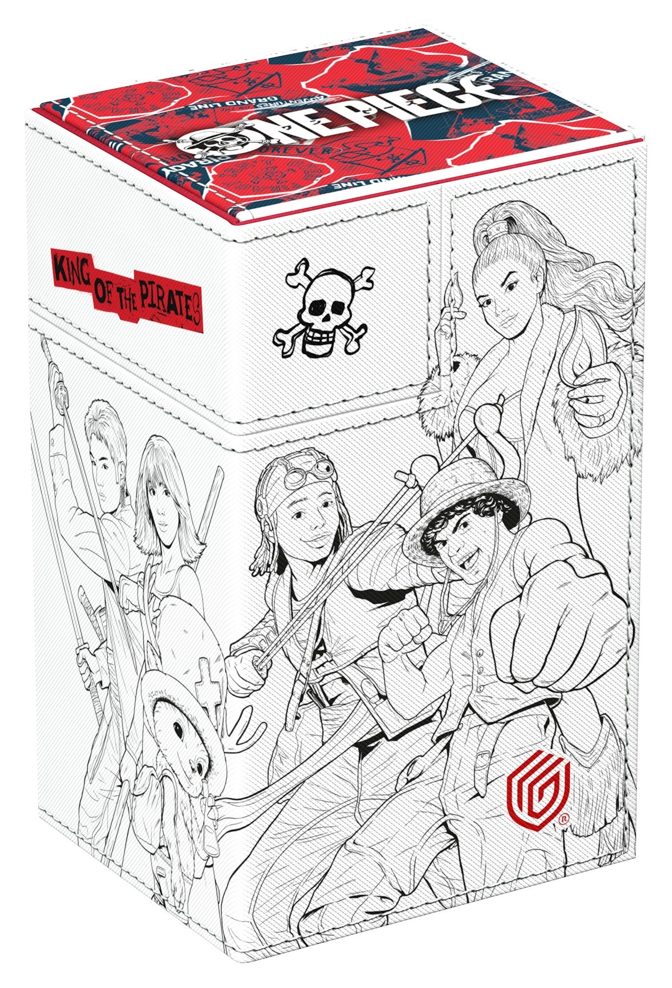 Ultimate Guard deck box with a black and white sketch design of the characters from the Netflix One Piece series