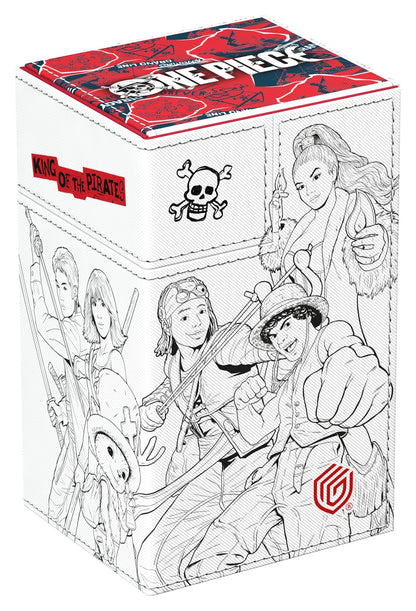 Ultimate Guard deck box with a black and white sketch design of the characters from the Netflix One Piece series