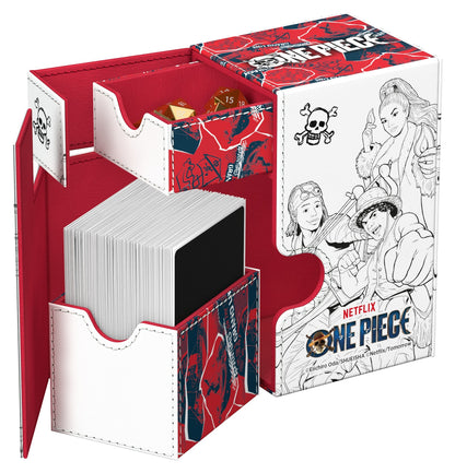 Ultimate Guard opened deck box with a black and white sketch design of the characters from the Netflix One Piece series as well as a tray for dice